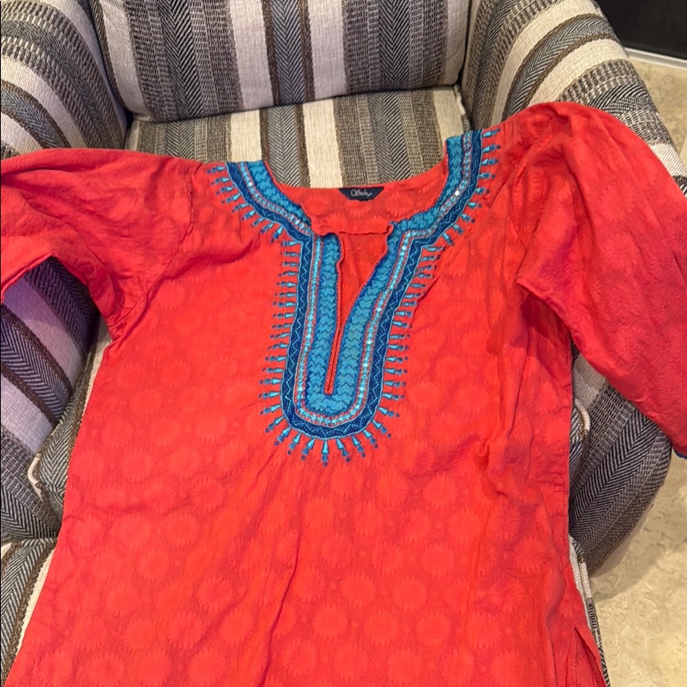 Cotton tunic by Sulu embellishment with mirrors and sequinsSize 10 red,coralblu